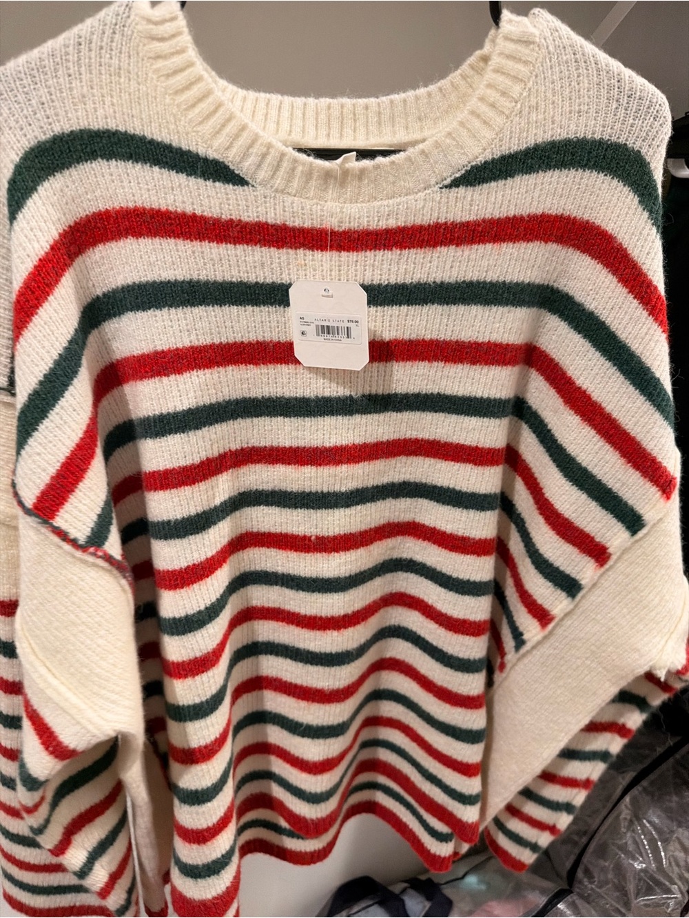Altar'd State Cream Sweater with Red & Green Stripes